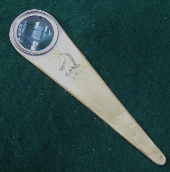 Antique UNICORN Brass 'UNI' Advertising Paper Knife Letter Opener UNICORN logo Carousel 1