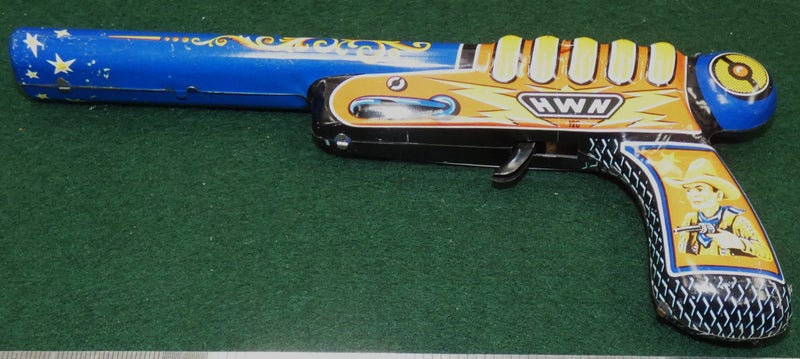 Vintage SPACE TOY Tinplate Litho RAY GUN with COWBOYS on Handle WEST GERMANY Carousel 2