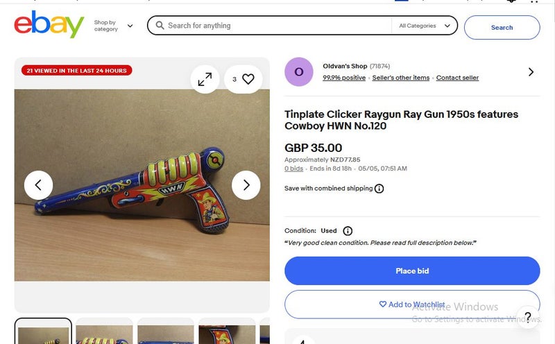 Vintage SPACE TOY Tinplate Litho RAY GUN with COWBOYS on Handle WEST GERMANY Carousel 11