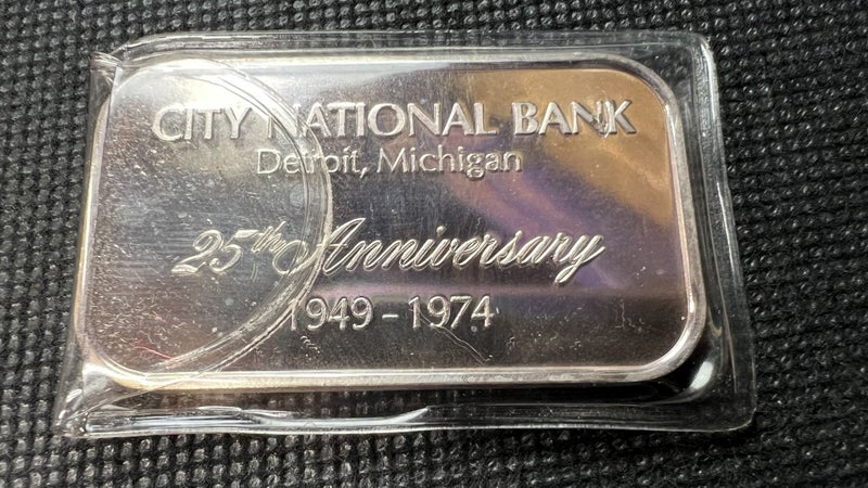 Rare CNB/City National Bank Detroit Michigan 25th Anniversary Silver Bar - E189 Carousel 1