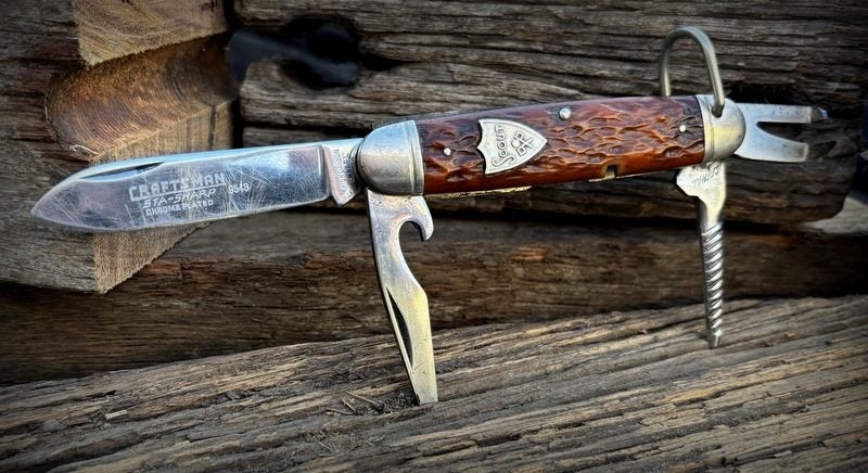 SEARS & ROEBUCK 1940’s CRAFTSMAN SCOUT KNIFE WITH GORGEOUS JIGGED BONE HANDLES. Carousel 1