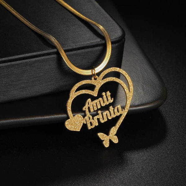 Personalized Frosted Double Heart Necklace with Butterfly. Carousel 1