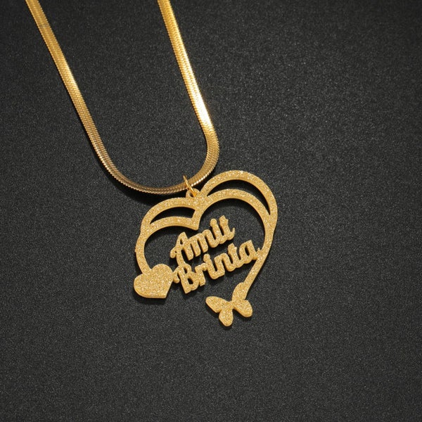 Personalized Frosted Double Heart Necklace with Butterfly. Carousel 2