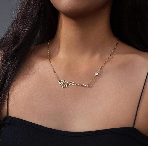 Custom Birth Month Flower Necklace with Birthstone. Birthstone Necklace Carousel 1