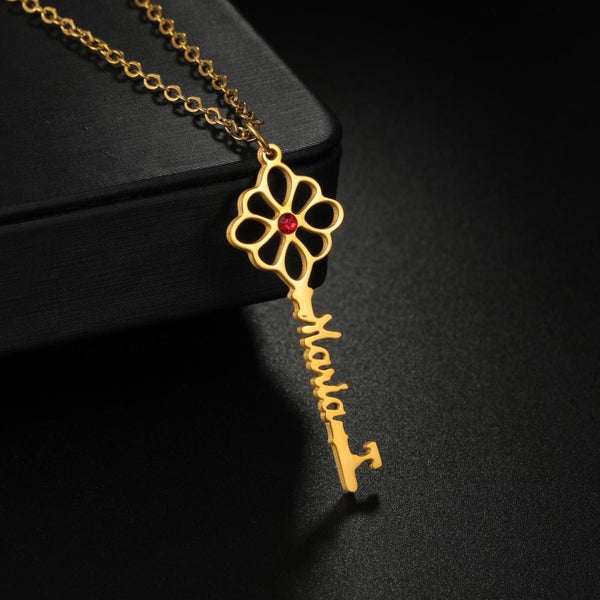 Personalized Flower Key Necklace with Birthstone. Carousel 1