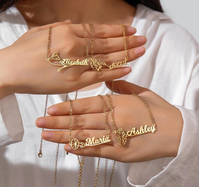 Personalized Birth Flower Name Necklace. Custom Jewelry. Birthday Gift Carousel 1