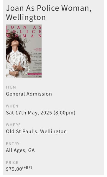 Ticket to Joan As Policewoman, Wellington 17 May Carousel 1