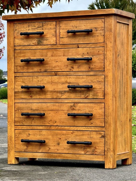 $1 RESERVE! ABSOLUTELY STUNNING ‘INDUSTRIAL’ SOLID WOOD TALLBOY DRAWERS! Carousel 1