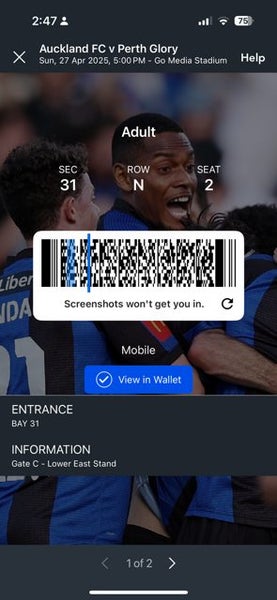 Auckland FC vs Perth Glory tickets x 2 Carousel 1