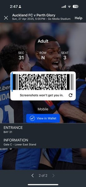 Auckland FC vs Perth Glory tickets x 2 Carousel 2