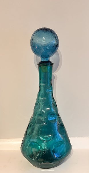 Mid 20th Century Empoli Made In Italy Blue Glass Decanter W/ Round Stopper Carousel 1