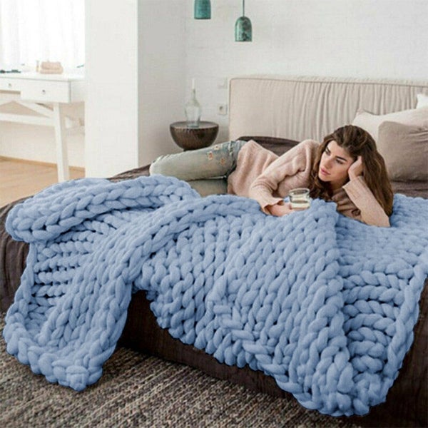 100*120cm Chunky Knitted Blanket Throw Blanket Thick Yarn Blanket-Blue Carousel 2