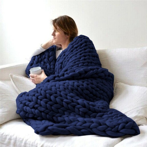 100120cm Chunky Knitted Blanket Throw Blanket Thick Yarn Blanket-Dark Bl Carousel 1