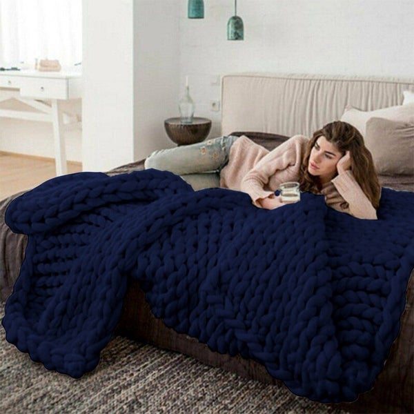 100120cm Chunky Knitted Blanket Throw Blanket Thick Yarn Blanket-Dark Bl Carousel 2
