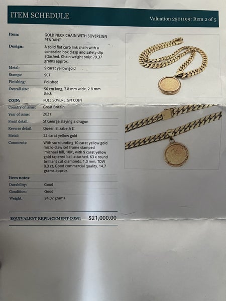 9CT 79.36G Chain + 14.7G full Soverign pendant Carousel 5