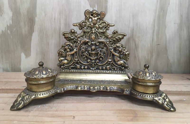 Brevettato antique brass Italy 1910 double inkwell / letter holder LOVELY Carousel 1