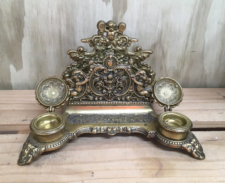 Brevettato antique brass Italy 1910 double inkwell / letter holder LOVELY Carousel 2