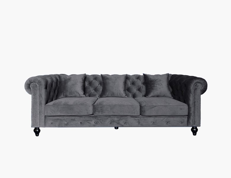 Chesterfield Velvet Sofa 3 Seater Grey Carousel 1