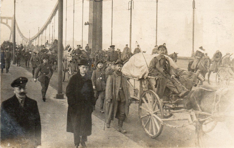 Unidentified Military Parade, Wounded Soldiers, real photo postcard Carousel 1