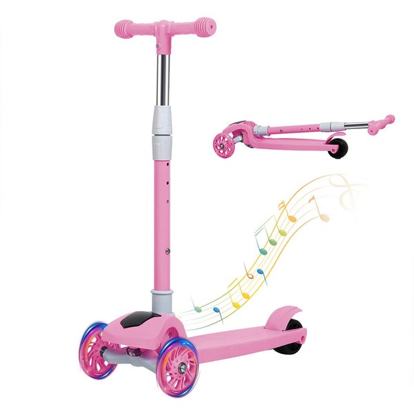 Bopeep Foldable Kids Scooter Adjustable Height Flashing LED Music 3 Wheels Pink Carousel 1