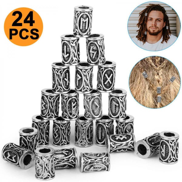 24X Norse Viking Runes Loose Beads DIY for Bracelets Pendant Necklace Beard Hair Carousel 1