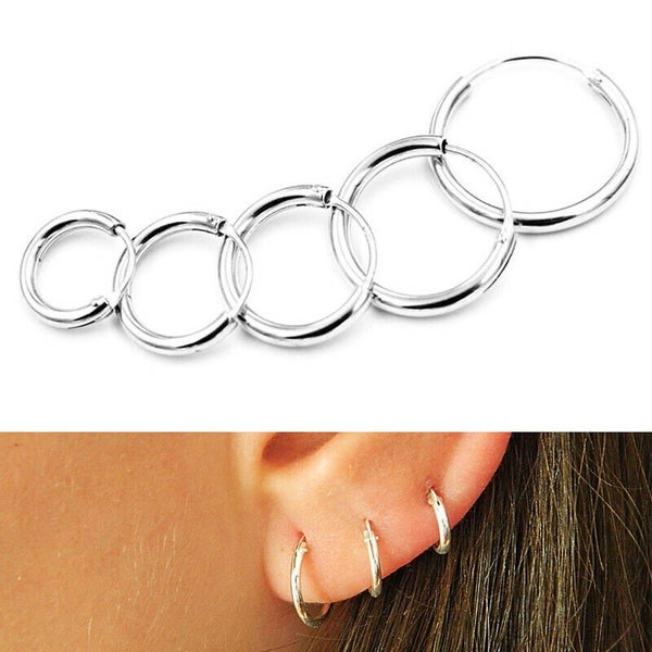 2pcs 925 Sterling Silver Solid Classic Hoop Ring Earrings Lip Ear Nose Body P... Carousel 2