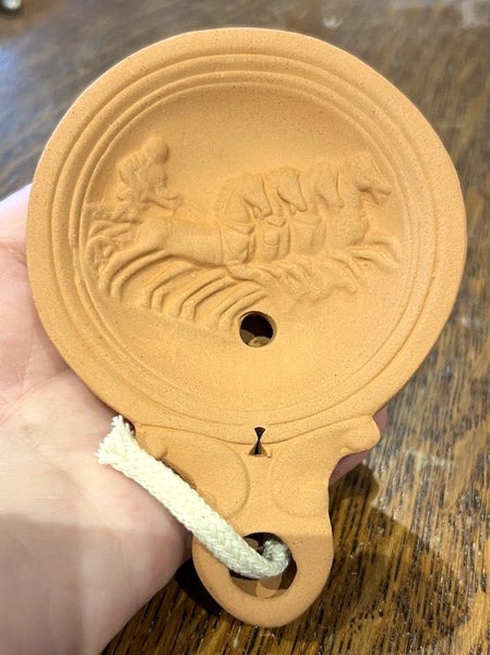 Boxed working terracotta replica of Roman oil lamp in British Museum collection Carousel 2