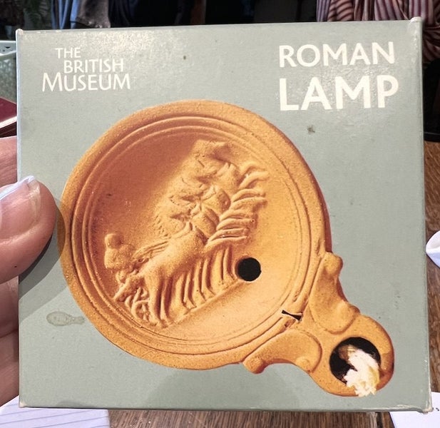 Boxed working terracotta replica of Roman oil lamp in British Museum collection Carousel 1