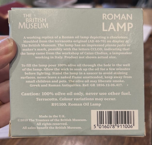 Boxed working terracotta replica of Roman oil lamp in British Museum collection Carousel 5