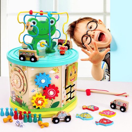 Early Childhood Education Wooden Multifunctional 7 Sided Treasure Box Beads Carousel 1