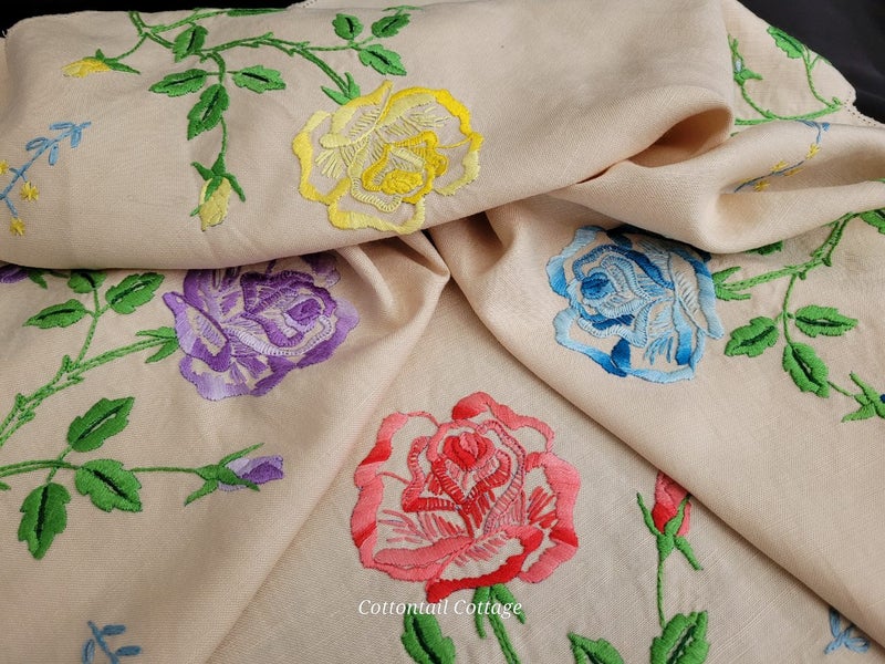 Vintage Linen Tablecloth Embroidered Roses Needs Crochet Border Carousel 1