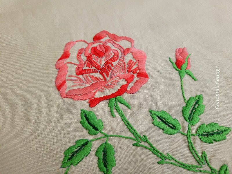 Vintage Linen Tablecloth Embroidered Roses Needs Crochet Border Carousel 5