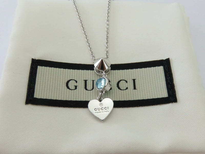 Gucci Sterling Silver Heart Tag Aquamarine Birthstone Pendant Necklace Carousel 1