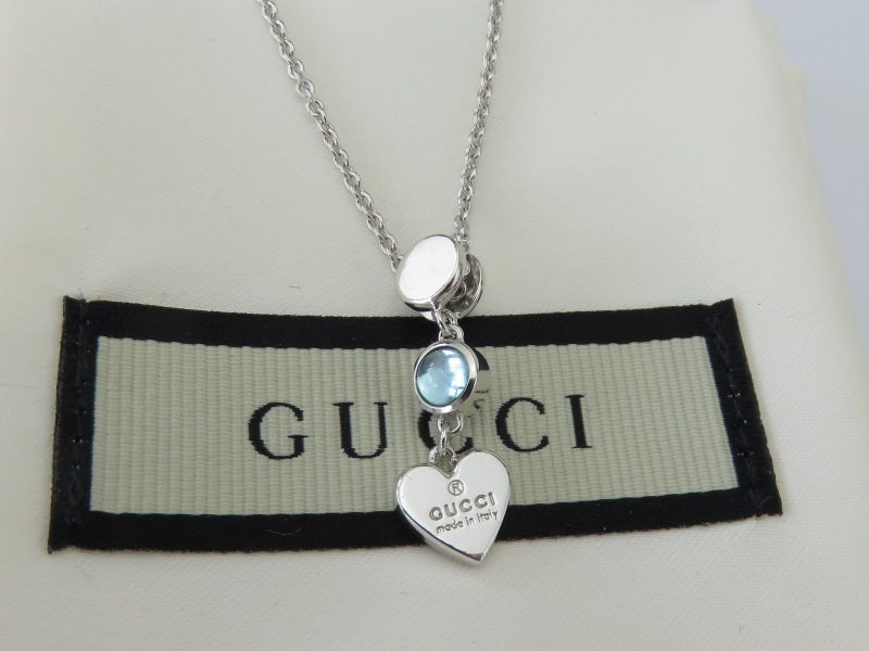 Gucci Sterling Silver Heart Tag Aquamarine Birthstone Pendant Necklace Carousel 2