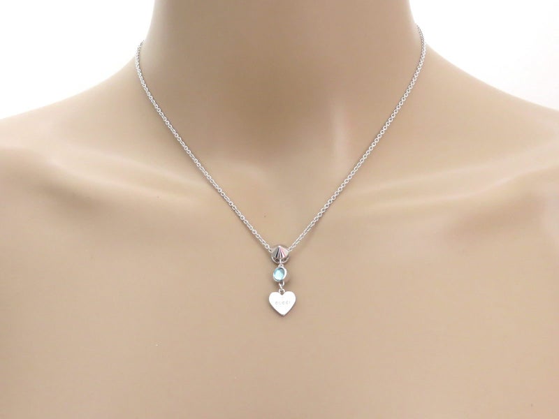 Gucci Sterling Silver Heart Tag Aquamarine Birthstone Pendant Necklace Carousel 5