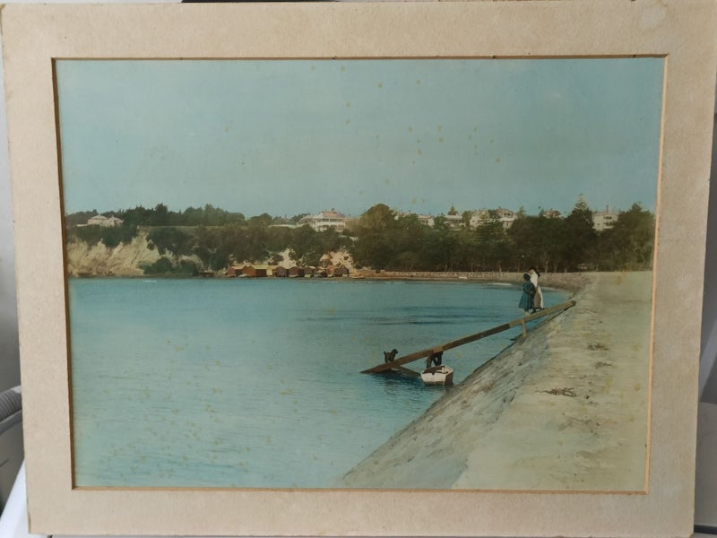 Old Hand painted coloured photo Auckland waterfront Parnell Orakei area Carousel 1