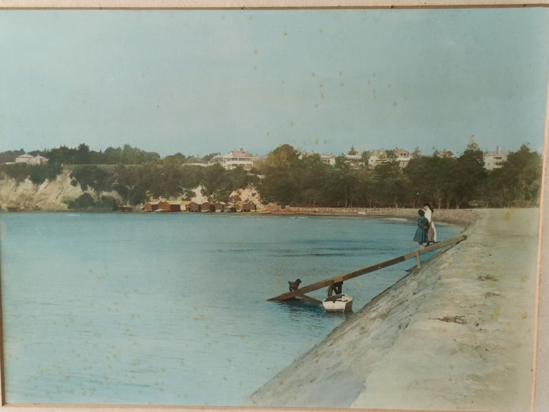 Old Hand painted coloured photo Auckland waterfront Parnell Orakei area Carousel 2