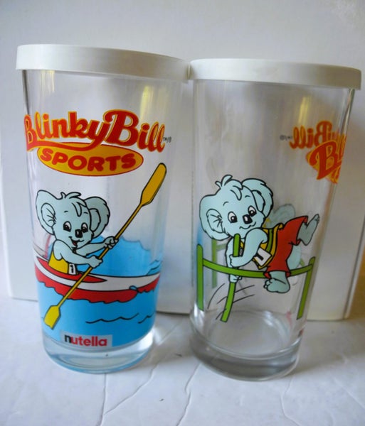 #* 2 x "Blinky Bill Sports" - Nutella Glasses with Lids *# Carousel 1