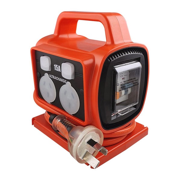 Ultracharge 15A 4-Way Outlet 18cm RCD Safety Power Block Sockets w 15A Plug Red Carousel 1