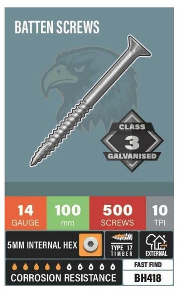 BLACKHAWK FASTENERS, 100mm x 14g, GALV BATTEN SCREWS, 500 SCREWS PER BOX Carousel 1