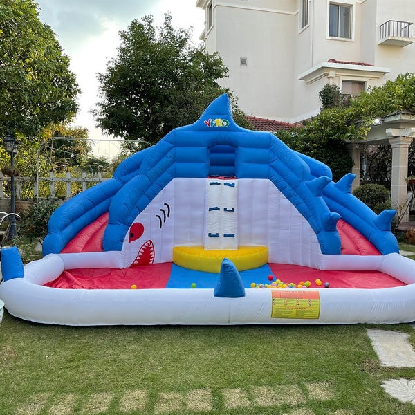 Inflatable Pool with Slide Splash Bounce House Shark Bouncer Water Park Game Carousel 1