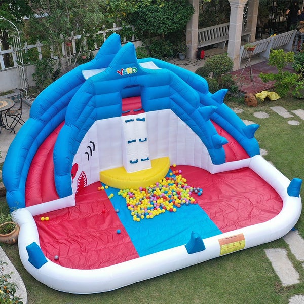 Inflatable Pool with Slide Splash Bounce House Shark Bouncer Water Park Game Carousel 2