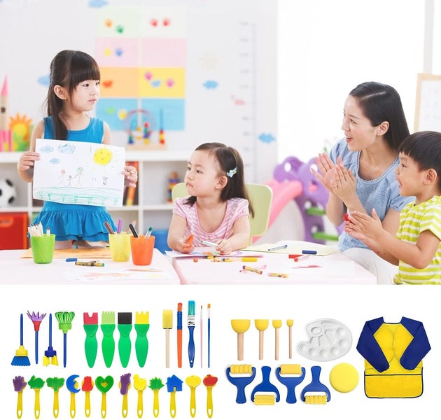 36PCS Kids Fun Painting Brushes Drawing Brush Palette Apron for Toddlers Carousel 11