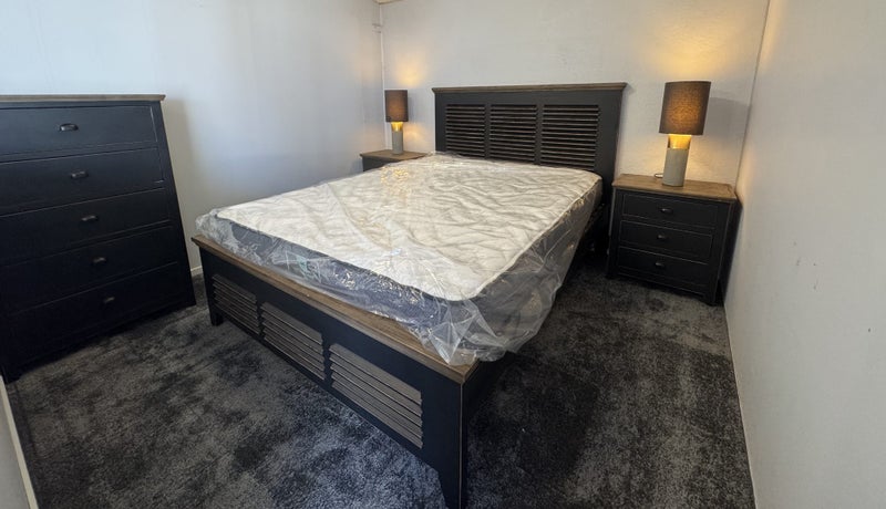 Queen Bedroom Suite - Slat Bed, Tallboy, Bedsides and Lamps Carousel 1