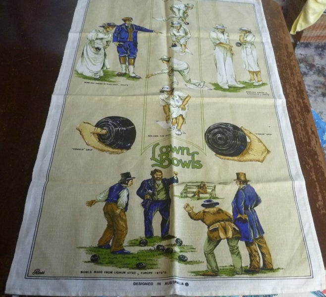 Vintage History Of Bowling MINT Linen Teatowel Carousel 1