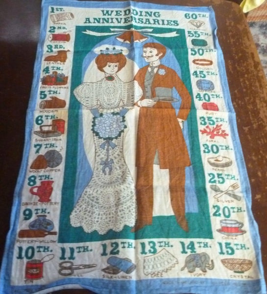 Vintage 60s Very Groovy Teatowel Wedding Anniversaries! Carousel 1