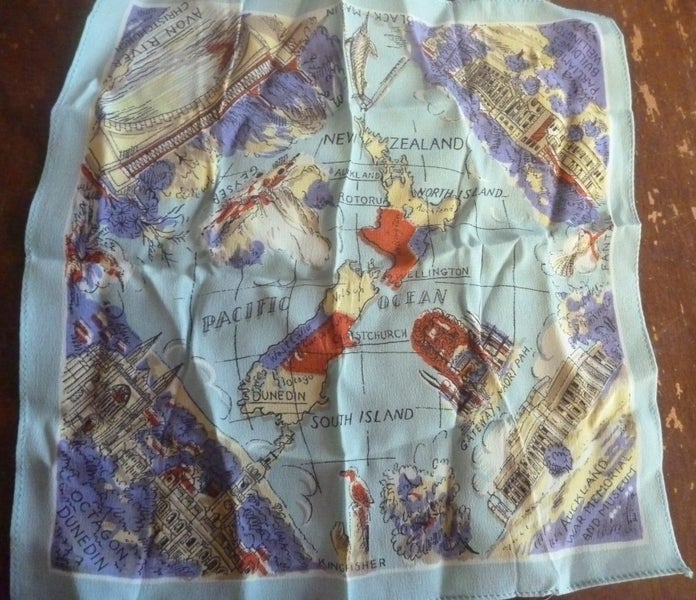 NZ Kiwiana Pure Silk Hankerchief Divine Black Marlin Maps Geysers and MORE! Carousel 1
