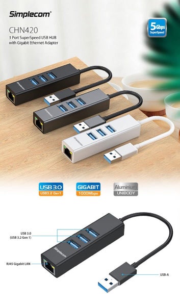 Simplecom Chn420 Aluminium 3 Port Superspeed Usb Hub With Gigabit Ethernet Adapt Carousel 3
