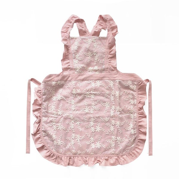 Elosung Pink Ruffled Kitchen Apron With Floral Lace Comfortable Baking & Craftin Carousel 1