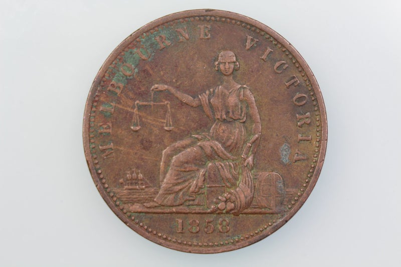 AUSTRALIA PEACE & PLENTY PENNY TOKEN COIN 1858 KM Tn.285.1 VERY FINE Carousel 2